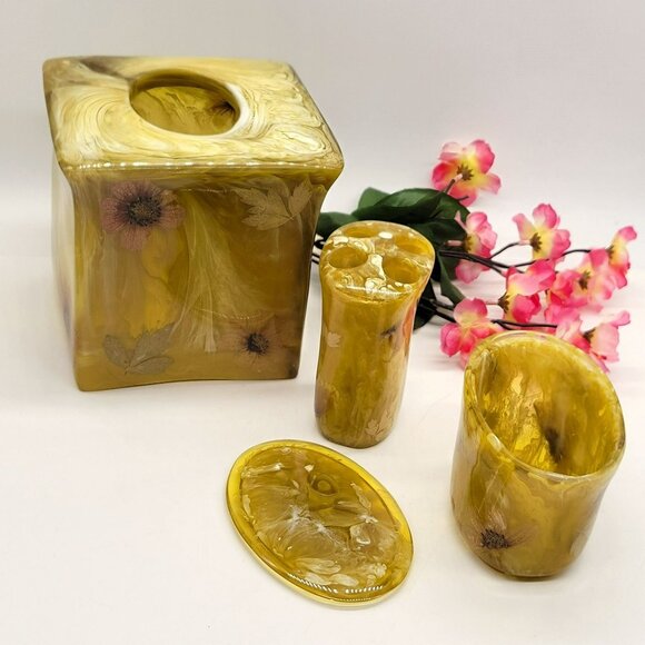3 Pc Bathroom Set Tissue Box Toothbrush Holder Canister Pressed Flowers Acrylic - Picture 9 of 16